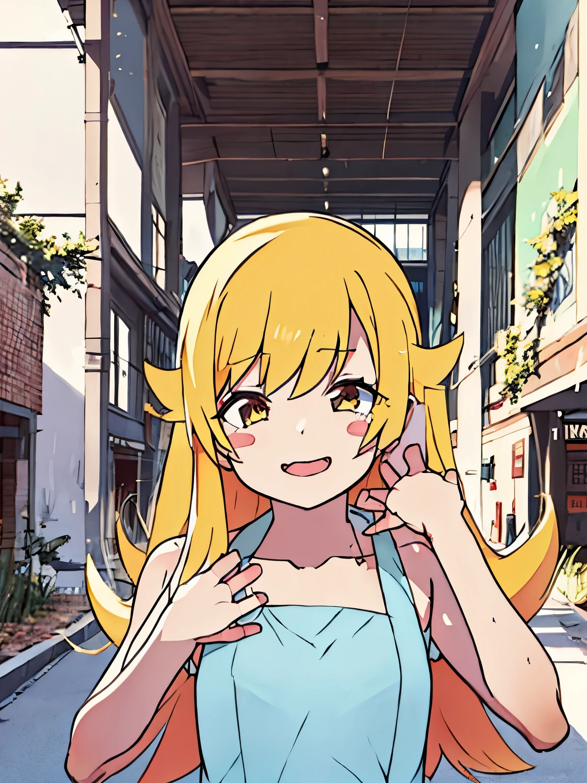 NSFW,oshino_shinobu,blush sticker,Blonde,Long Hair,White Dress,ruins,(Perfect hands),(Perfect Anatomy),(masterpiece),(highest quality)