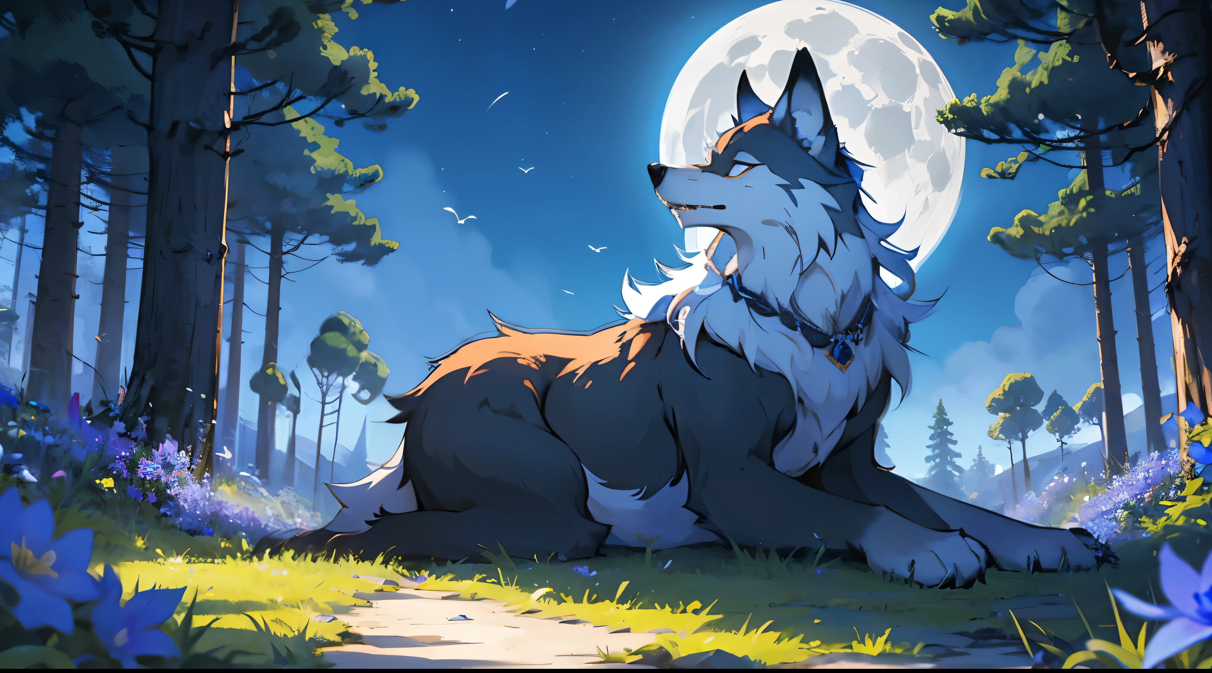 silver-furred fox with nine tails under a tree full of blue flowers with the moon behind