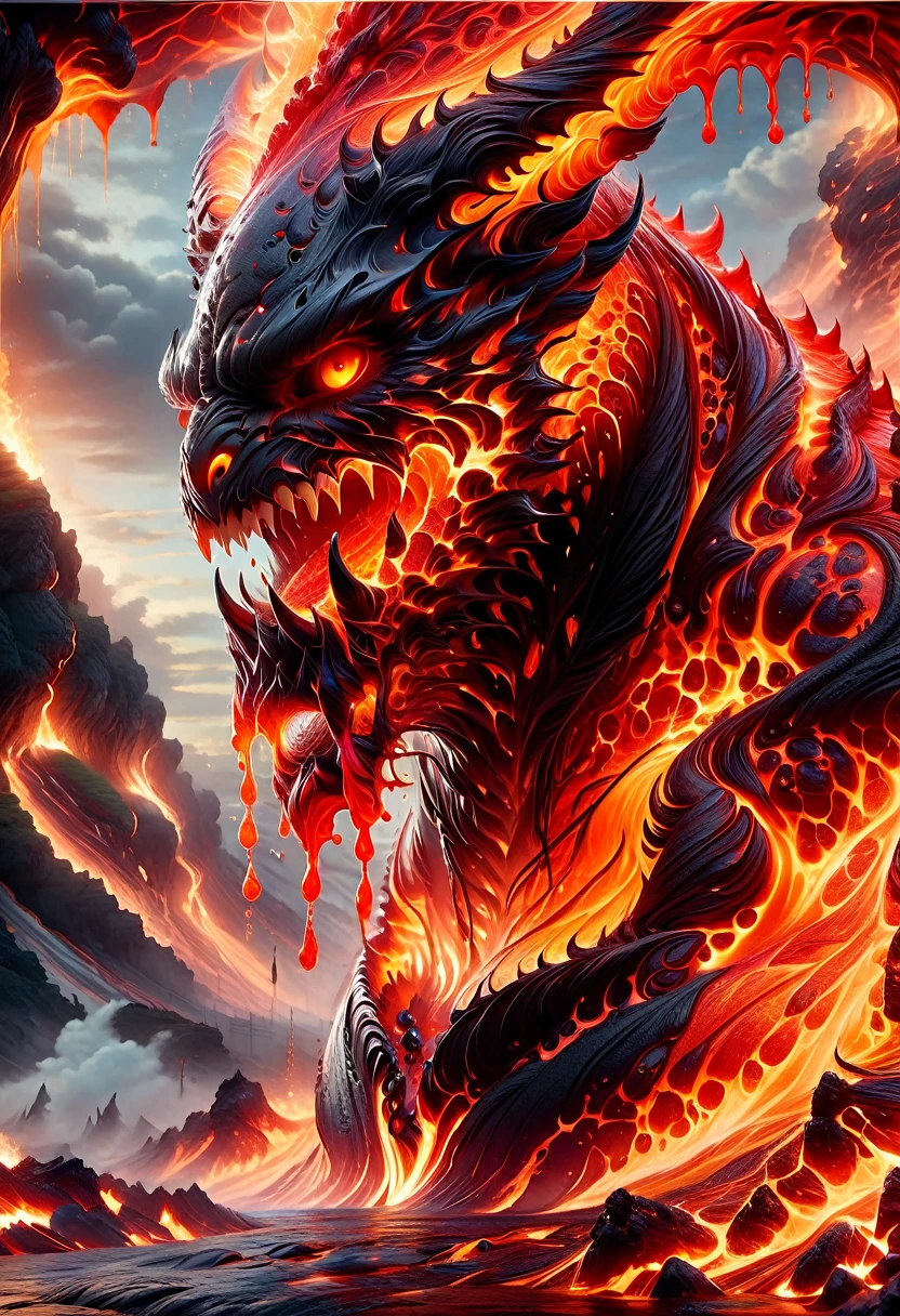 Lava Demon, ral-lava, LavaRay, Demon made entirely of lava, (best quality, highres, ultra-detailed:1.2), intense, fiery, and fearsome Lava Demon, glowing red eyes, sharp fangs and claws, towering over the landscape, surrounded by swirling magma, molten rivers flowing in the background, emitting a sinister glow, smoke billowing from its nostrils, an aura of pure heat and destruction, devilish horns adorned with lava drips, an otherworldly entity emerging from the depths of the Earth's core, surreal and menacing, in the style of dark fantasy art, with vibrant colors and high contrast, cast in a hellish color palette.