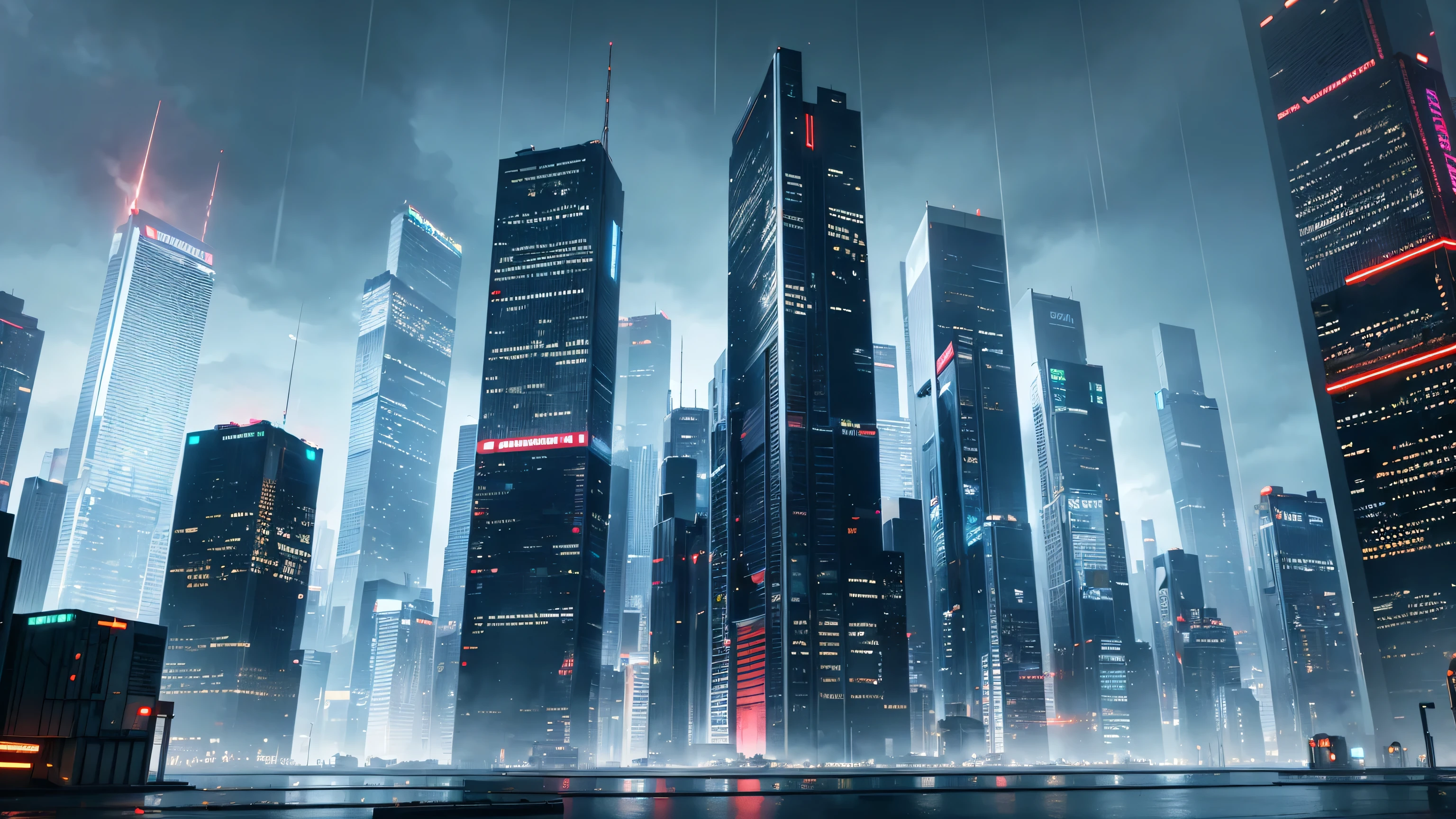 wide shot of corporate cyberpunk city, photorealistic, high detail, with glass towers and jetpackers, rain