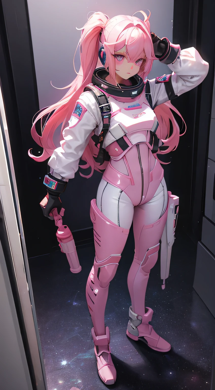 （tmasterpiece：1.3），（best qualtiy：1.3），3D，8K，.1girll，solo，Pink hair，Pink eyes，shelmet，full bodyesbian，Spacesuit，tightsuit，mitts，standing on your feet，Q version