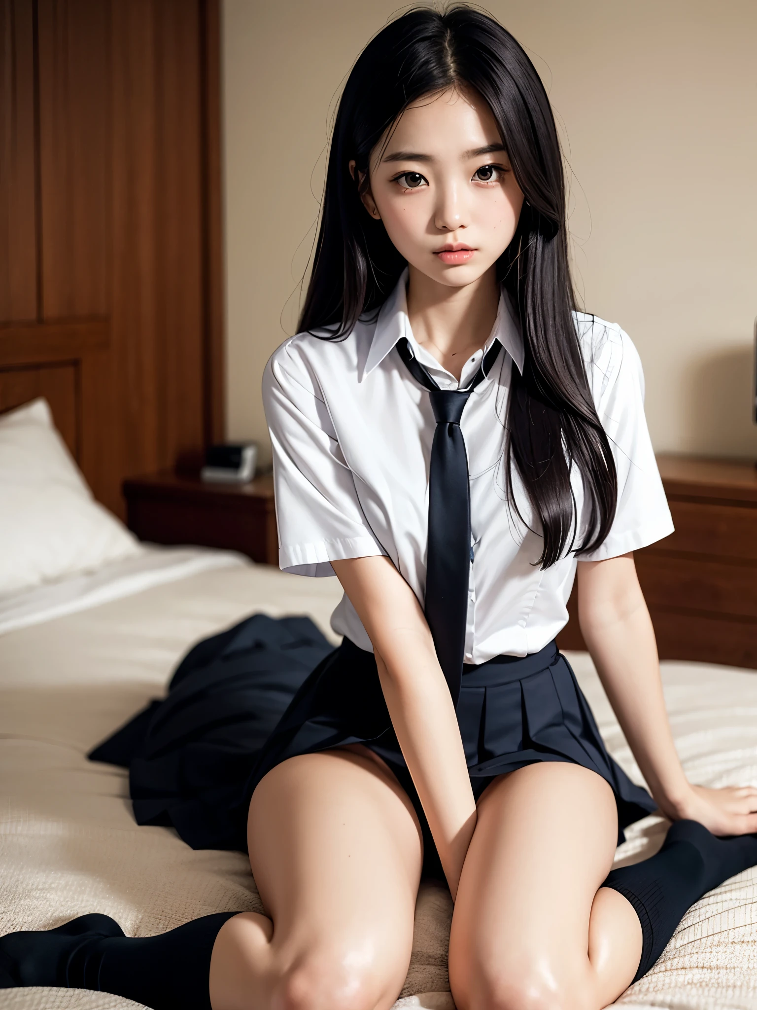 ulzzang -6500-v1.1, (Raw foto:1.2), (Photorealsitic:1.4), a beautiful detailed girl, extremely detailed eye and face, beatiful detailed eyes, Ridiculous, unbelievable Ridiculous, huge filesize, ultra-detailliert, hight resolution, ighly detailed, top-quality, masterpiece, Kemomimi, ((Japanese girls' high school uniform)), illustratio, ighly detailed, nffsw, unification, 8k wallpaper, astonishing, finely detail, masterpiece, top-quality, Highly detailed ticker uniform 8K wallpaper, face lights、Cinematographic lighting、1girl in、sixteen years old、(witheout panties)、((dynamicposes)))、(camel's toe)、(half)、、(Crooked knees and legs sitting))