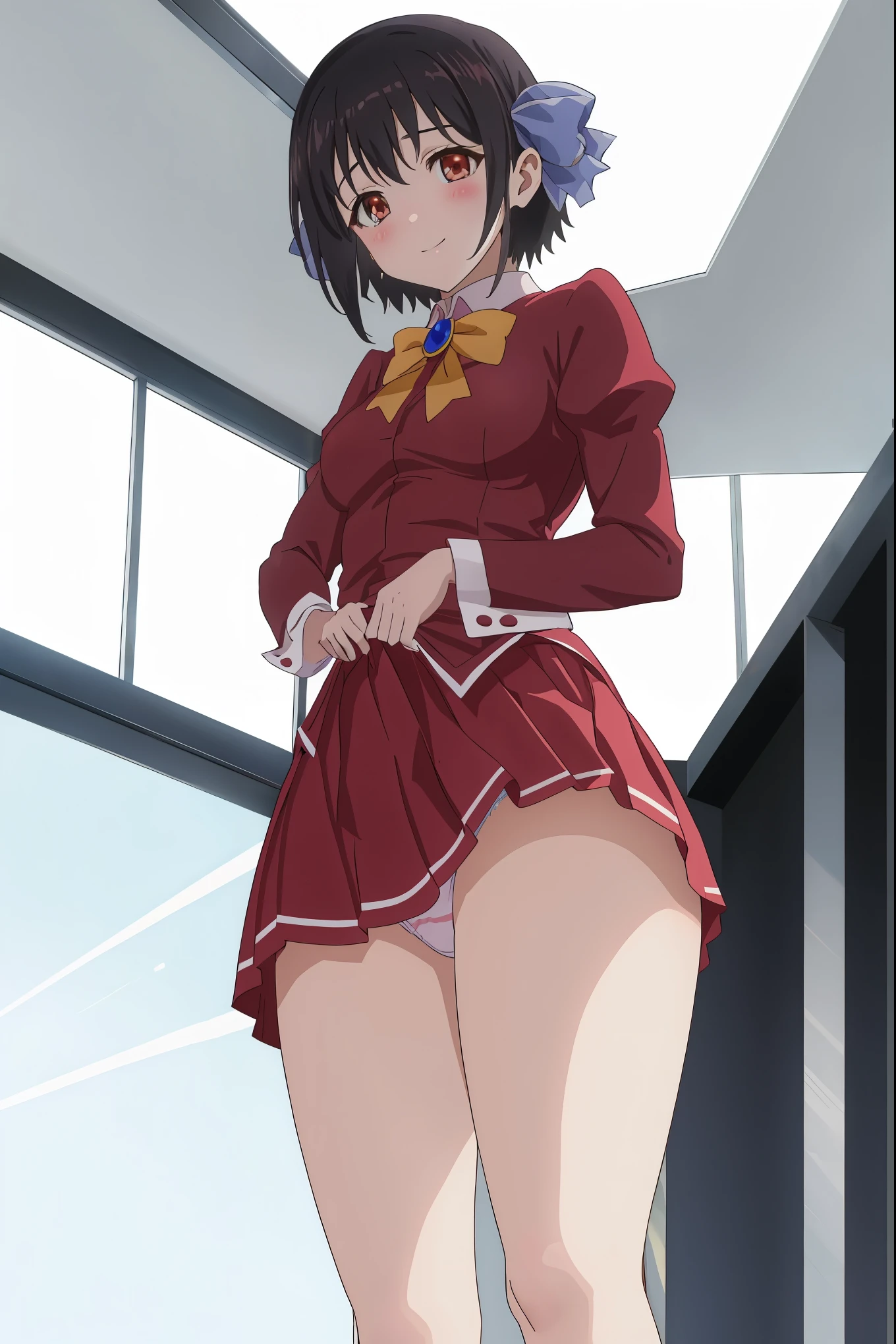 1girl in,Sitting,From below,Looking at Viewer,Tomomi_Xijing, bow ribbon, Short hair, ,red uniform,Winter clothes,Long sleeves,skirt,((tucking up a skirt)),(Skirt lift),(up skirt),((Panties)),Perfect Lighting,Best Quality,,Smile,blush,anime screen cap,Flat color,cel shading,short torso,Show off panties,pantyshot,