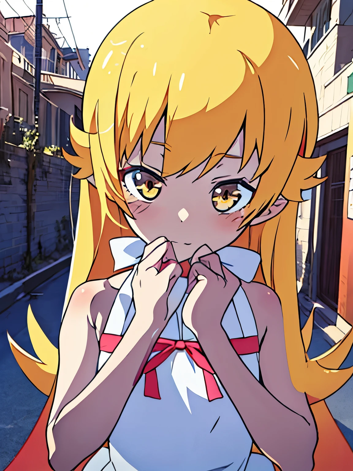 NSFW,oshino_shinobu,blush sticker,Blonde,Long Hair,White Dress,ruins,(Perfect hands),(Perfect Anatomy),(masterpiece),(highest quality)