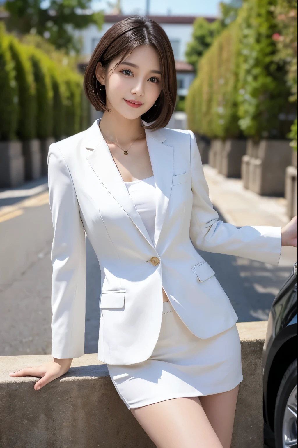 Wear a suit,short hair,Height 176,Very white skin,Have double dimples,Charming woman