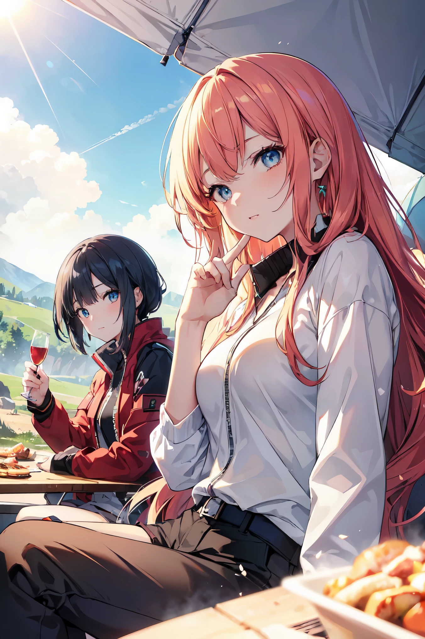 (masterpiece), (highest quality), ((Very exquisite beautiful face and eyes)), Bright colors, Anime Style, 2. Young women, Dynamic Angle, Have a barbecue at the campsite, Jacket, Loose trousers, tent, What is, sun, Warm Light,