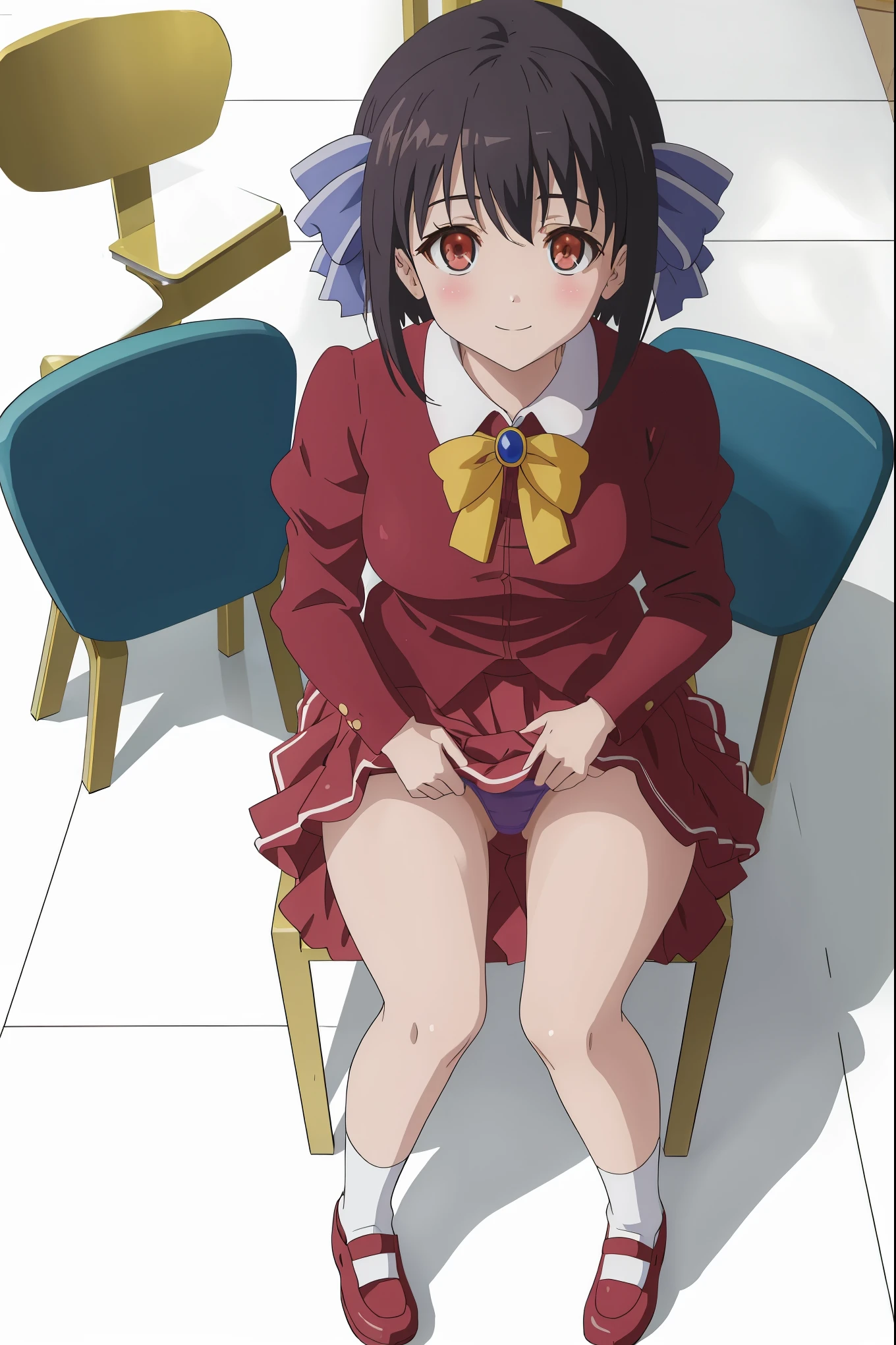 1girl in,Sitting,chair,classroom,From above,Looking at Viewer,Tomomi_Xijing, bow ribbon, Short hair, ,red uniform,Winter clothes,Long sleeves,skirt,((tucking up a skirt)),(Skirt lift),(up skirt),((Panties)),Perfect Lighting,Best Quality,,Smile,blush,anime screen cap,Flat color,cel shading,short torso,Show off panties,pantyshot,