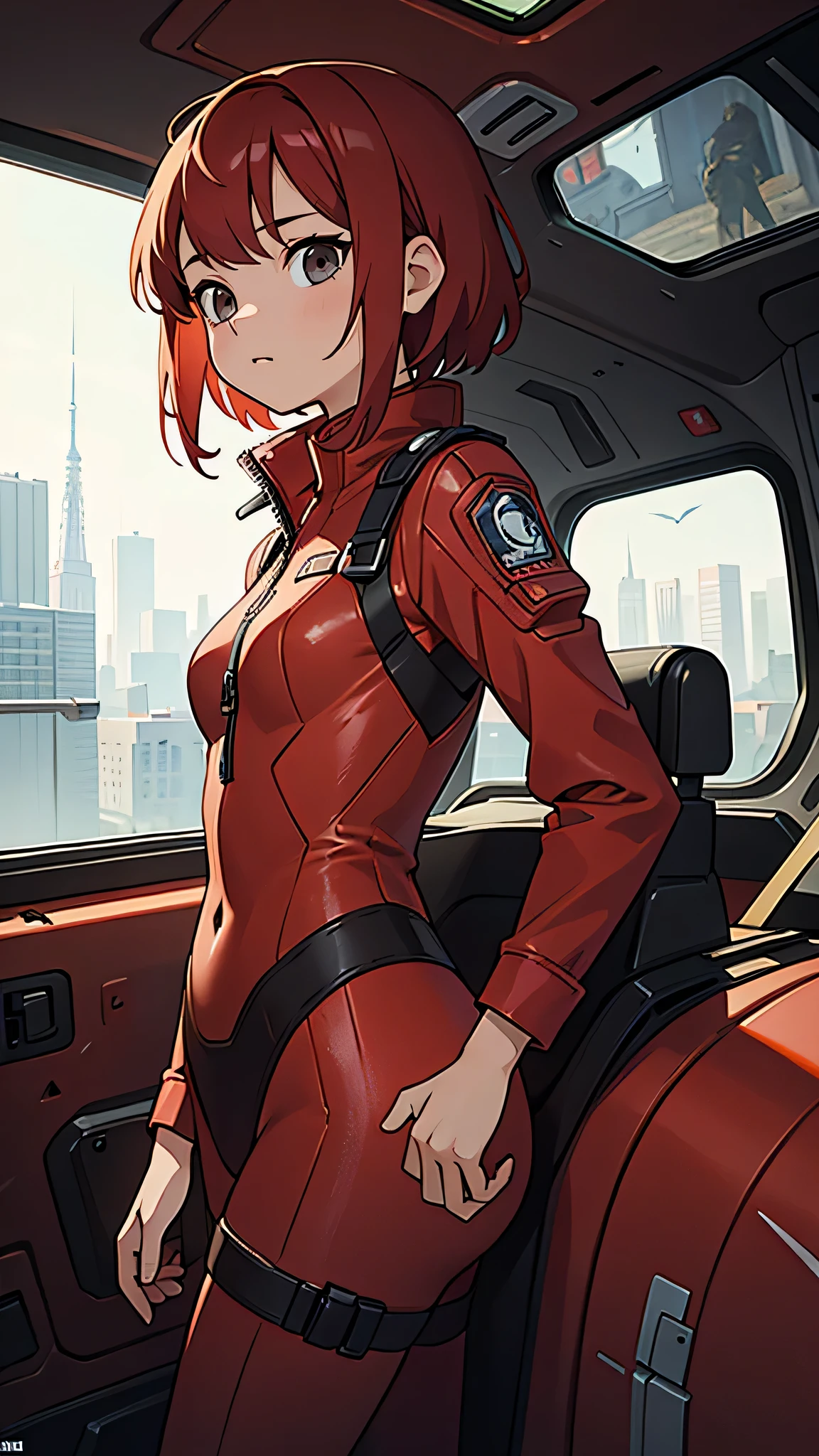 irrational solution, High resolution, (masterpiece: 1.4), Very detailed, One Young Woman, Short Red Hair, Pilot Suit, Rich Princess, I&#39;Very small, Enclosed machine control room., expression, scared, Are crying, Open your mouth, Calls (1.3), In the sky