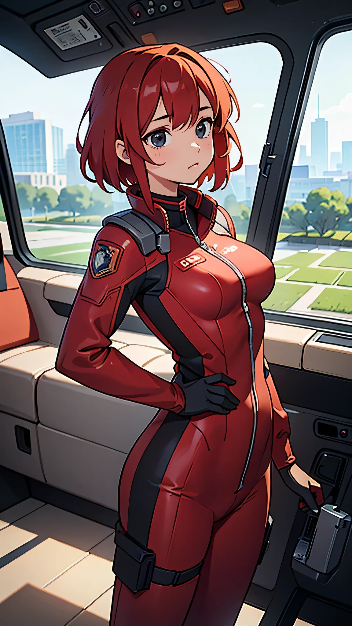 irrational solution, High resolution, (masterpiece: 1.4), Very detailed, One Young Woman, Short Red Hair, Pilot Suit, Rich Princess, I&#39;Very small, Enclosed machine control room., expression, scared, Are crying, Open your mouth, Calls (1.3), In the sky