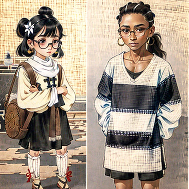 Medium height girl, dark skin with tan. brunette with bob, The back of the hair is pulled back into two ponytails, two hairpins in the shape of a black star are attached to the bangs, bangs frayed. The right side of the face is completely covered with a dark-colored birthmark, On the left, on the contrary, the birthmark is white. Both eyes are white, only the left eye has a black pupil, the right one is completely white. Earrings in the form of a Christian cross, white. The girl also has computer glasses, так же white. Wearing a long sleeved top with a black collar. Below are shorts with gray-black tights and brown slippers. Frayed long bandages tied on hands. 