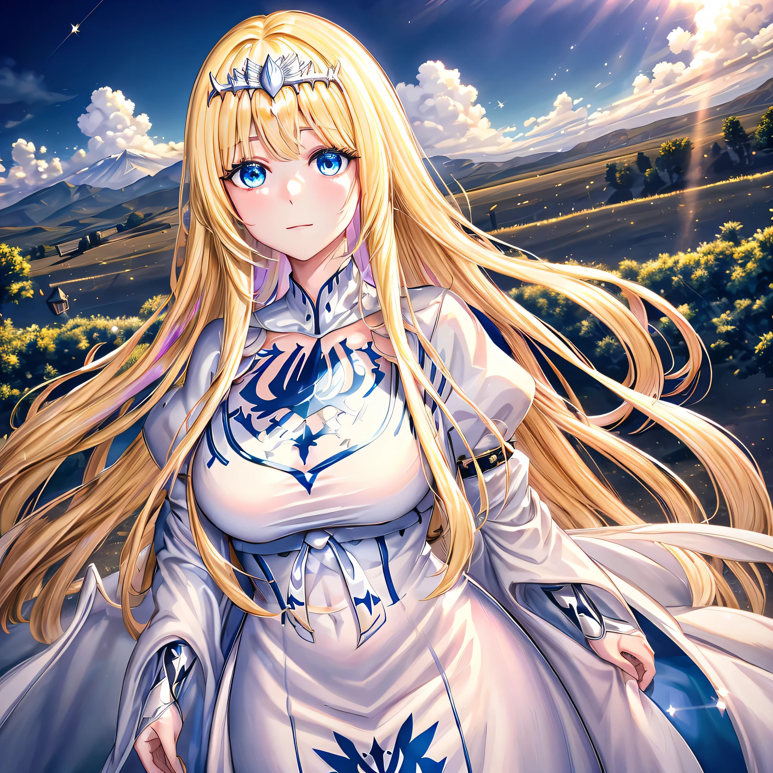 super fine illustration, an extremely cute and beautiful girl, highly detailed beautiful face and eyes, look at viewer, cowboy shot, beautiful long hair, solo, dynamic angle, beautiful detailed dress , heaven castle in background, full of clouds, holy light, blue tone, 1angel,solo, Calca, Calca Bessarez, blonde hair, extremely long hair, very long hair, white tiara, silver tiara, white dress, blue eyes, medium chest, wing wings, feature wings, very big wings, extra large wings, two wing behind her shoulder