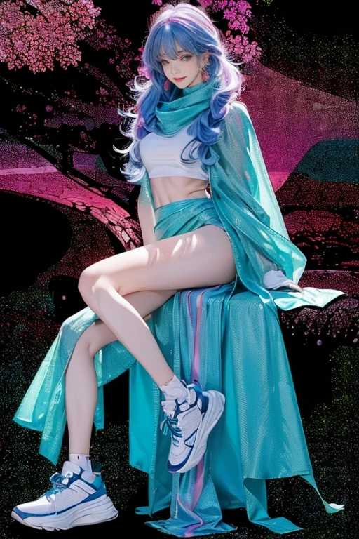 highest quality, Very detailed, masterpiece, 1 person,woman,(((完璧なwomanの体))),Very beautiful face, Very beautiful body,Gentle expression, Very beautiful eyes,(Perfect Makeup:1.1),Fashion Model,Cyberpunk Fashion,Curly Hair,Shaggy Hair,Fluorescent pink and blue hair:1.3, Very thin body,Smart Abs, Monogram pattern,Gradation,Spacesuit,Two-tone high-top sneakers,A kind smile,Full body portrait,(Background of London), (Shiny skin),(Earrings),Seesul,Long scarf,long shawl,