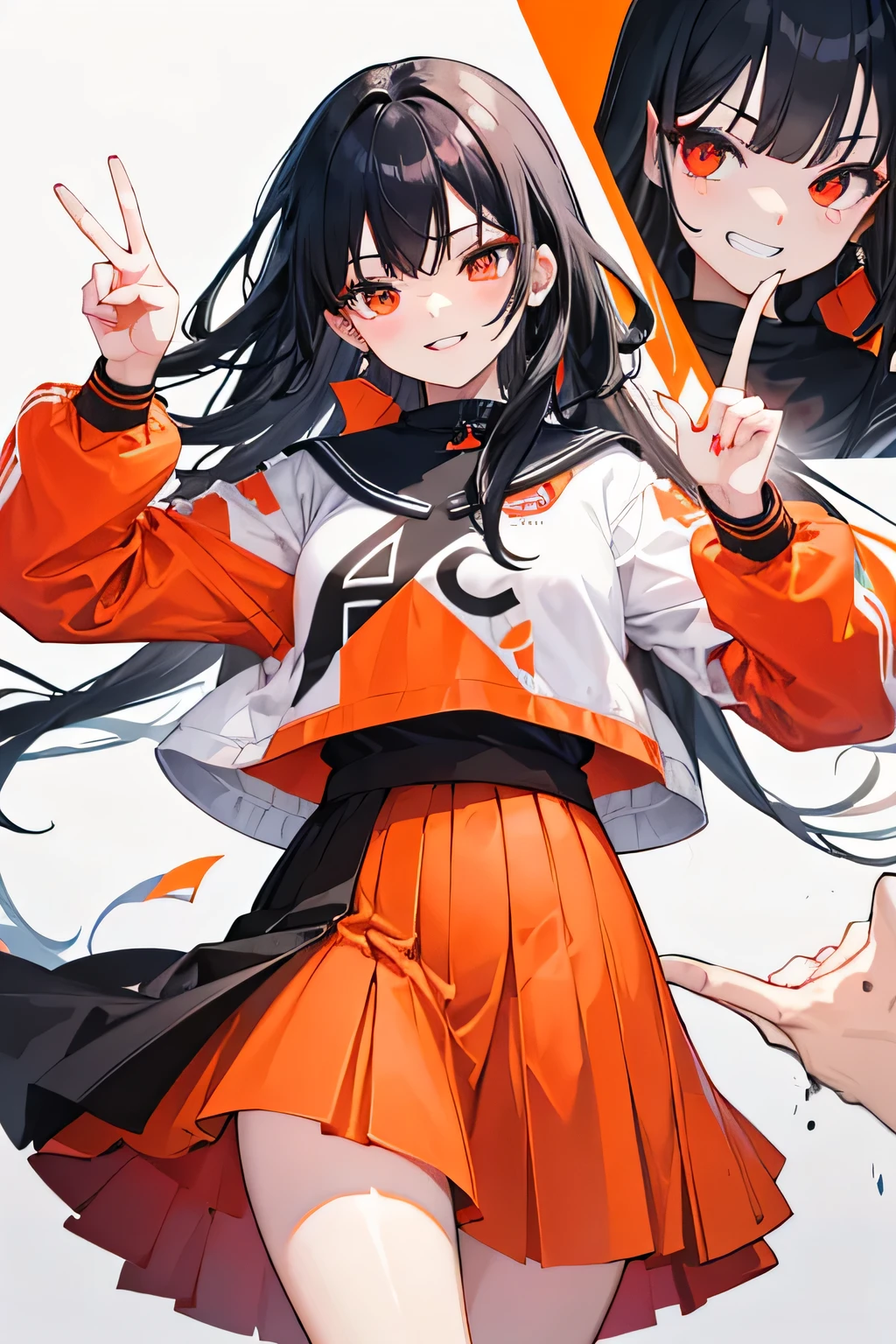 Black hair, OSIS logo, grin emotion, peace finger, orange eye, long skirt, red skirt, white jas, in cold mountain