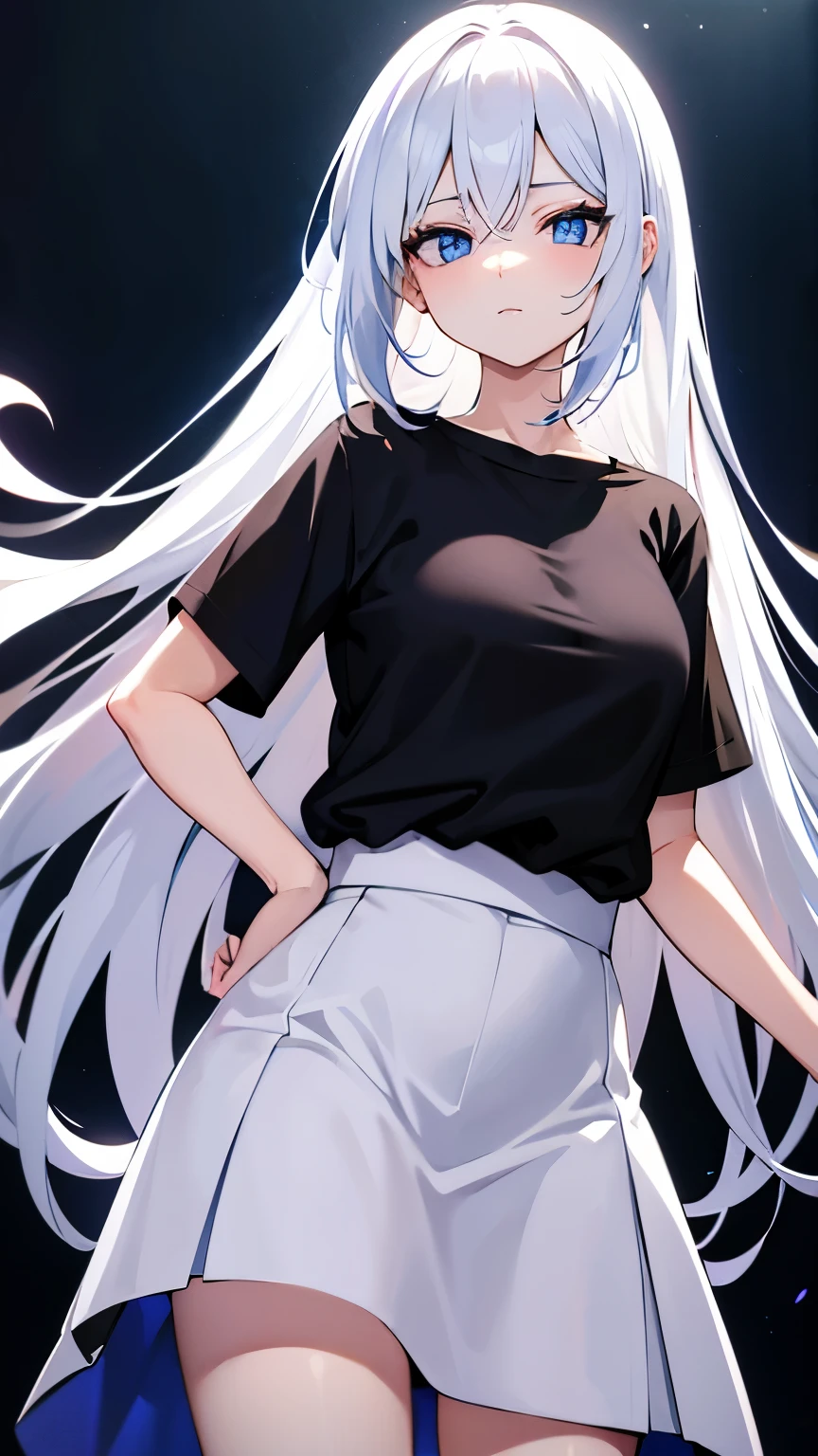 Anime girl, Formal pose, long white hair, bright blue eyes, wearing a black t-shirt and wearing a short white skirt