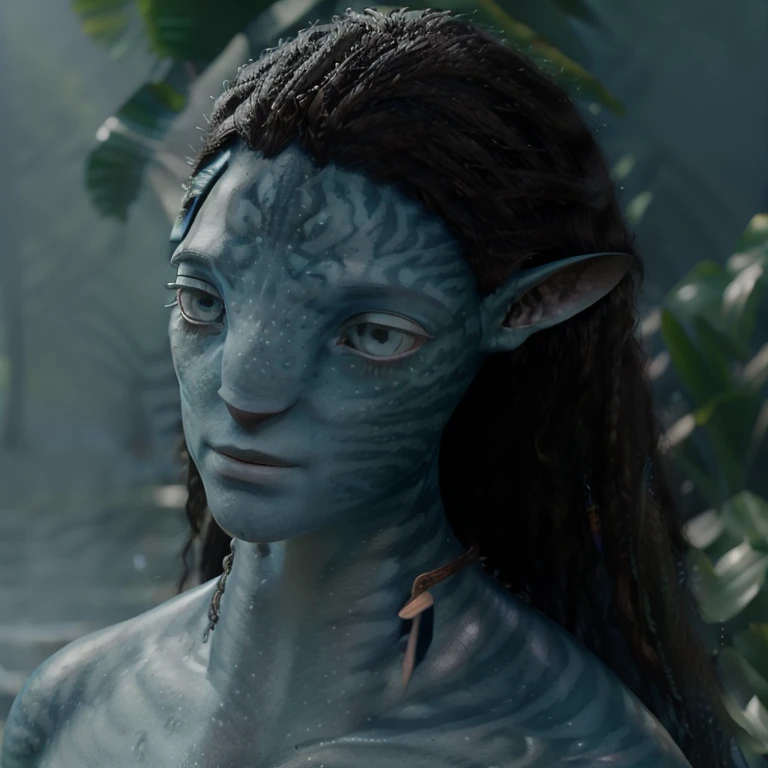 avatar style, (face portrait:1.6), 1girl, female, (AvLoak), (AvTsireya), glowing blue eyes, pointy ears, (light blue skin tone:1.0), (straight hair:1.0), black hair color, ((long hair)), (young adult), 18 years old, face wrinkles, wearing colorful tribal clothing, (wearing tribal acessories), detailed eyes, toned body, muscled body, vibrant colors, glowing, ethereal atmosphere, surrealistic dreamy lighting, textured skin, otherworldly beauty, mesmerizing photography, (best quality, highres), vivid colors, ultrarealistic, skin details, striped skin, sfw, face close-up:0.5, ultradetailed body, ((green skin))