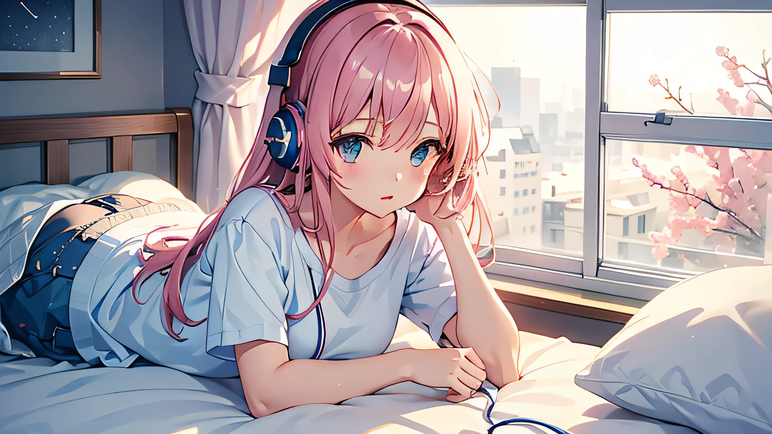 Girl lying in bed，hair is pink，headphones in ears，Starry sky in the window