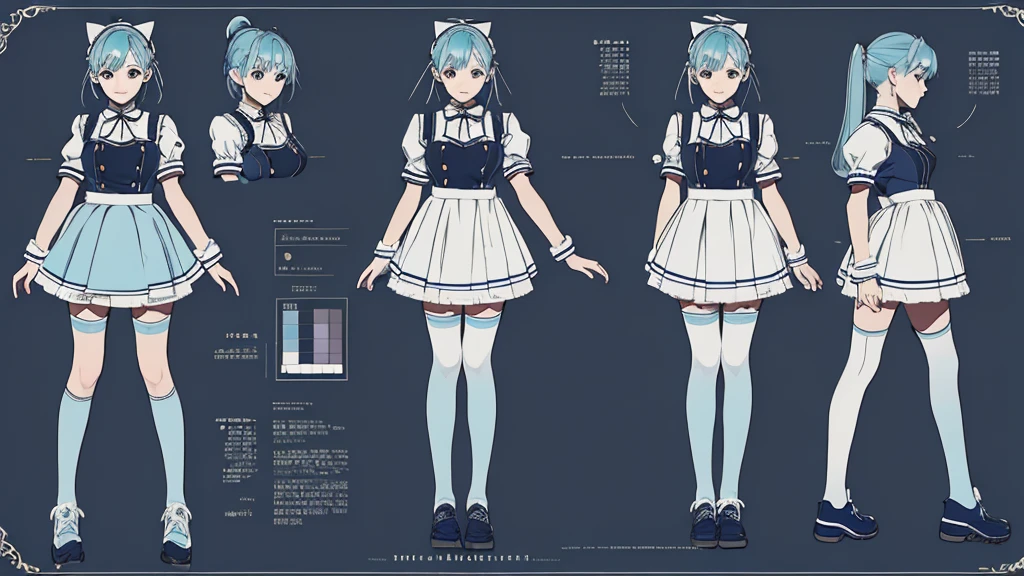 (Masterpiece, best quality) (,character design sheet,page,behind,side,All characters are the same.)details, character sheet, Many items (+ details item description, many parts), ใบpageที่สมบูรณ์แบบ, cute young woman, light blue hair, ponytail, Wearing a light blue and black and white maid outfit., Full body, skirt, Knee length socks, a sympathetic expression, ไร้เดียงสาเต็มไปด้วยdetails.