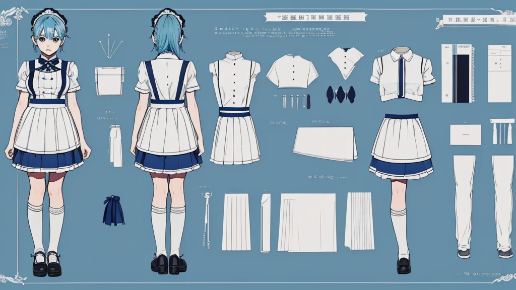 (Masterpiece, best quality) (,character design sheet,page,behind,side,All characters are the same.)details, character sheet, Many items (+ details item description, many parts), ใบpageที่สมบูรณ์แบบ, cute young woman, light blue hair, ponytail, Wearing a light blue and black and white maid outfit., Full body, skirt, Knee length socks, a sympathetic expression, ไร้เดียงสาเต็มไปด้วยdetails.