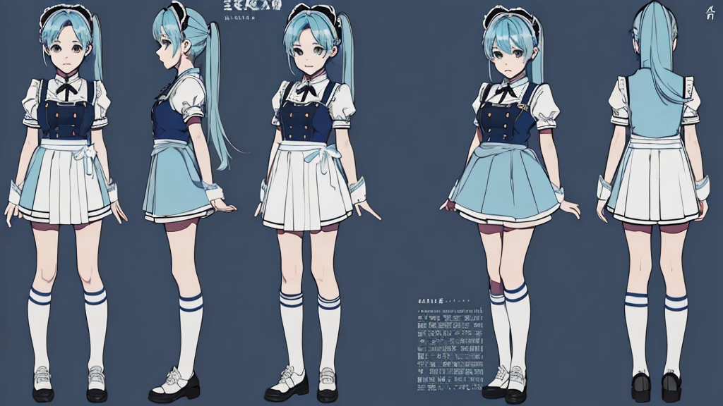 (Masterpiece, best quality) (,character design sheet,page,behind,side,All characters are the same.)details, character sheet, Many items (+ details item description, many parts), ใบpageที่สมบูรณ์แบบ, cute young woman, light blue hair, ponytail, Wearing a light blue and black and white maid outfit., Full body, skirt, Knee length socks, a sympathetic expression, ไร้เดียงสาเต็มไปด้วยdetails.
