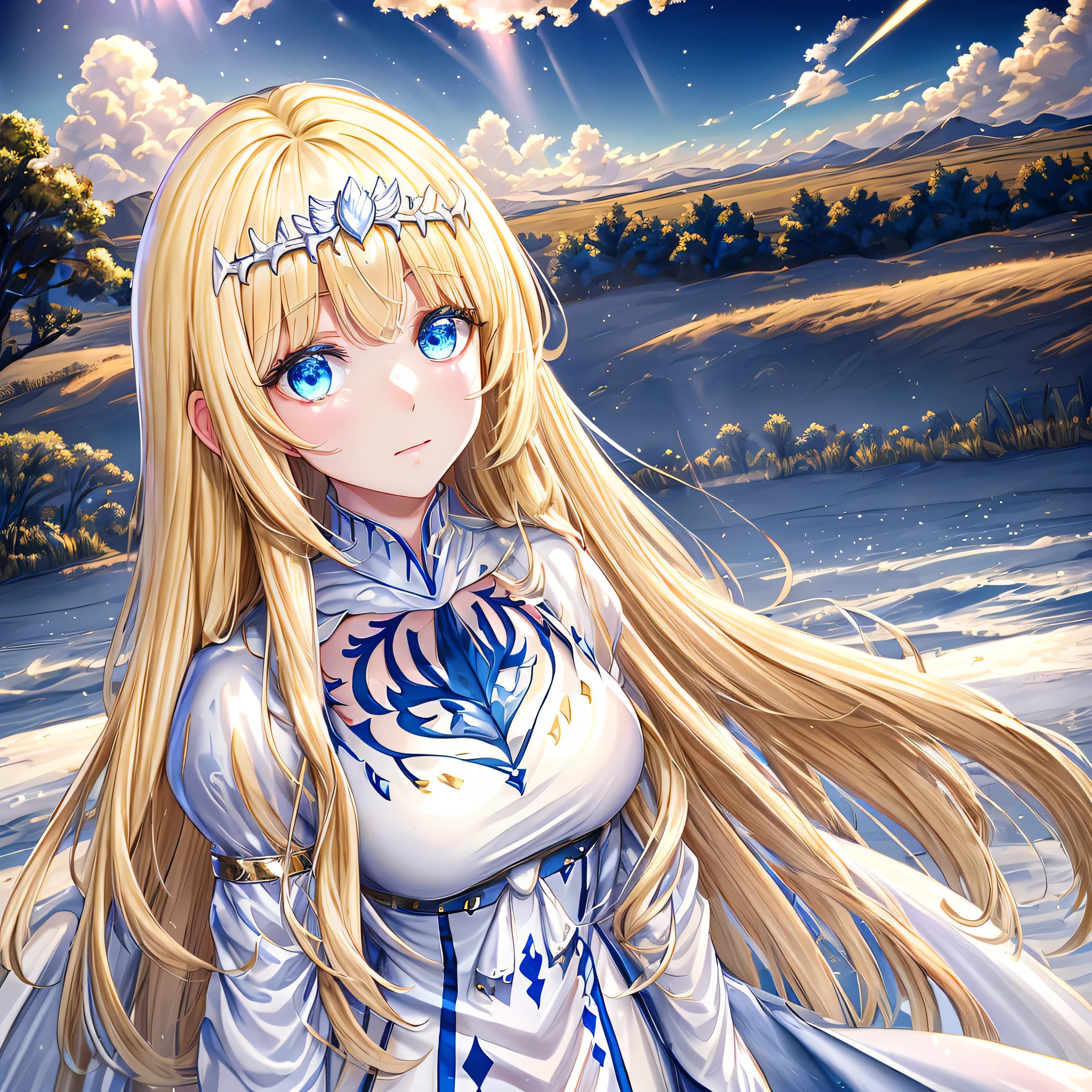 super fine illustration, an extremely cute and beautiful girl, highly detailed beautiful face and eyes, look at viewer, cowboy shot, beautiful long hair, solo, dynamic angle, beautiful detailed dress , heaven castle in background, full of clouds, holy light, blue tone, 1angel,solo, Calca, Calca Bessarez, blonde hair, extremely long hair, very long hair, white tiara, silver tiara, white dress, blue eyes, medium chest, wing wings, feature wings, very big wings, extra large wings, two wing behind her shoulder