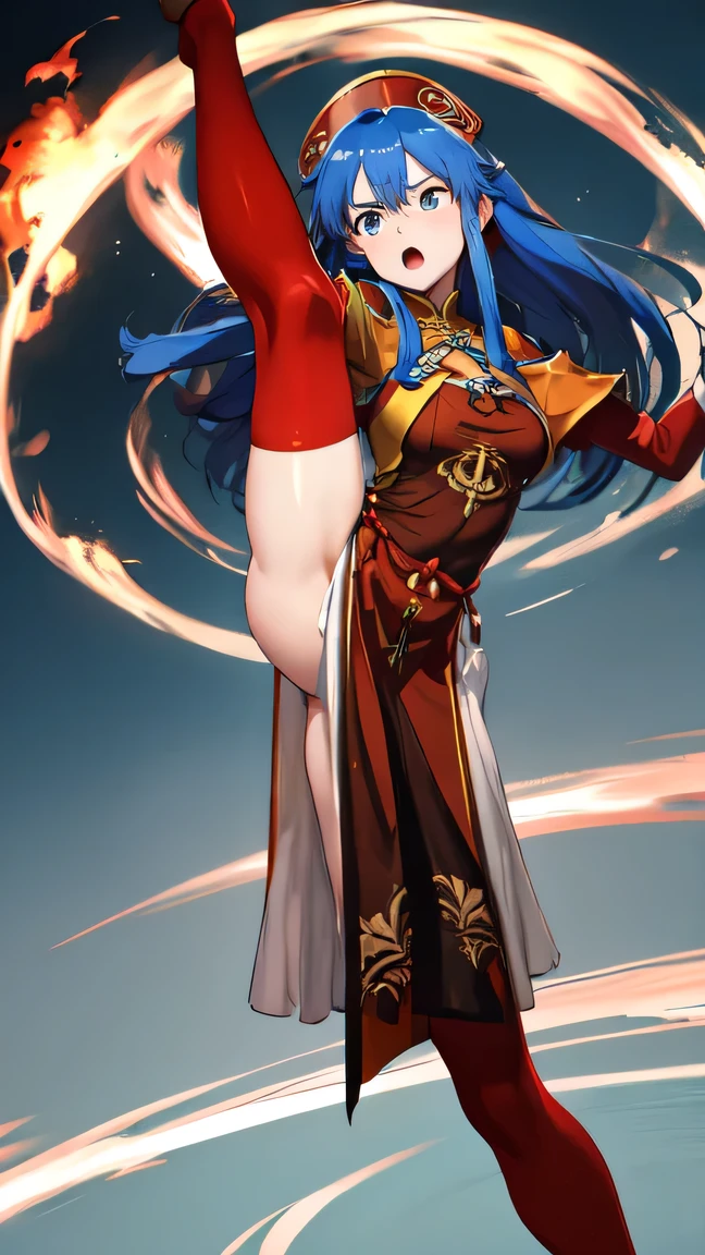 masterpiece, best quality,  def_lilina, {angry}, china dress, standing on one leg, 1 girl, standing_split, high kick, fighting stance, motion blur, fire