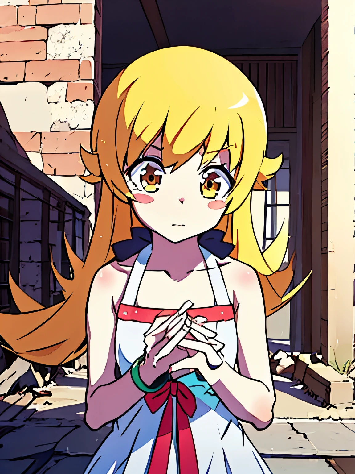 NSFW,oshino_shinobu,blush sticker,Blonde,Long Hair,High quality white dress,ruins,(Perfect hands),(Perfect Anatomy),(masterpiece),(highest quality)