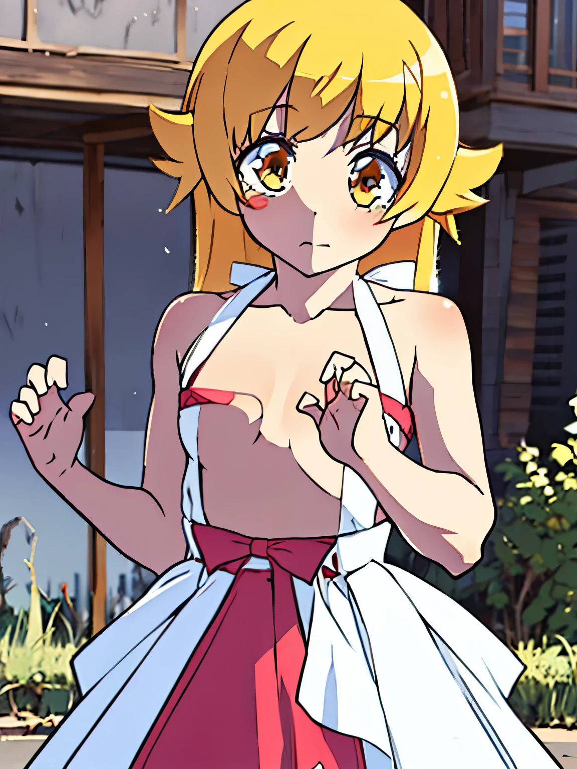 NSFW,oshino_shinobu,blush sticker,Blonde,Long Hair,High quality white dress,ruins,(Perfect hands),(Perfect Anatomy),(masterpiece),(highest quality)