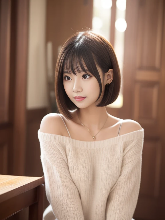 Fantastic。One person girl,Sit,Exposing shoulderore about pubic hair(((baggy)))White sweater,Half-length portrait,((Looking into the distance)),Amazingly beautiful,Mint Bob Hair,Blush Lash,Humble,machine,They want,thousand。Very detailed。Cinema Lighting,(Browsing Caution:1.27)