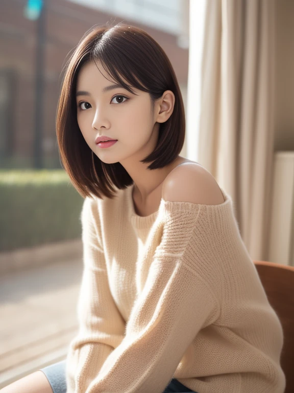 Fantastic。One person girl，Sit，Exposing shoulderore about pubic hair（（（baggy）））White sweater，Half-length portrait，（（Looking into the distance）），Amazingly beautiful，Mint Bob Hair，Blush Lash，Humble，machine，They want，thousand。Very detailed。Cinema Lighting，（Browsing Caution：1.27）