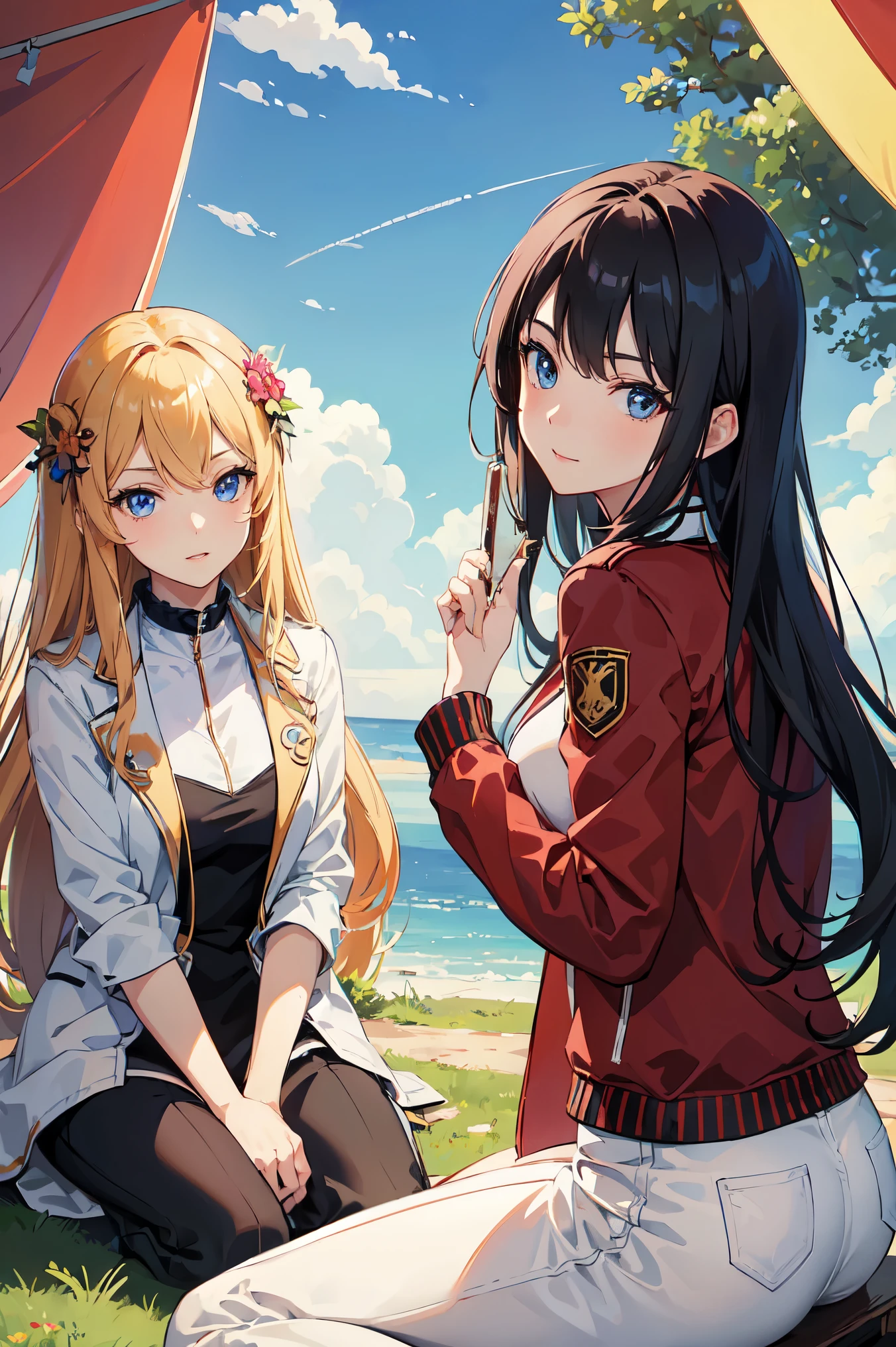 (masterpiece), (highest quality), ((Very exquisite beautiful face and eyes)), Bright colors, Anime Style, 2. Young women, Dynamic Angle, Have a barbecue at the campsite, Jacket, Loose trousers, tent, What is, sun, Warm Light,