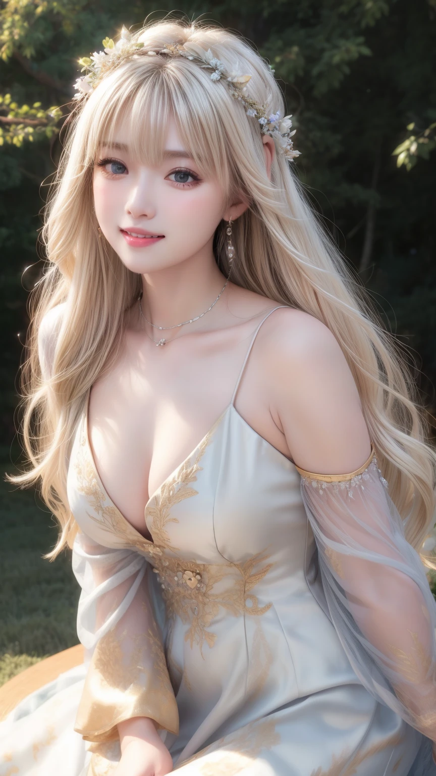 Large 、 Fair skin、Great light、Beautiful lighting、Hair swaying in the wind、((Platinum Blonde Hair))、Angel Wings、Flower crown、goddess、白いオフショルダーdress、dress、Fluffy clothes、Slit skirt、Beautiful golden embroidery、Gorgeous Accessories、Great background、smile、やさしいsmile