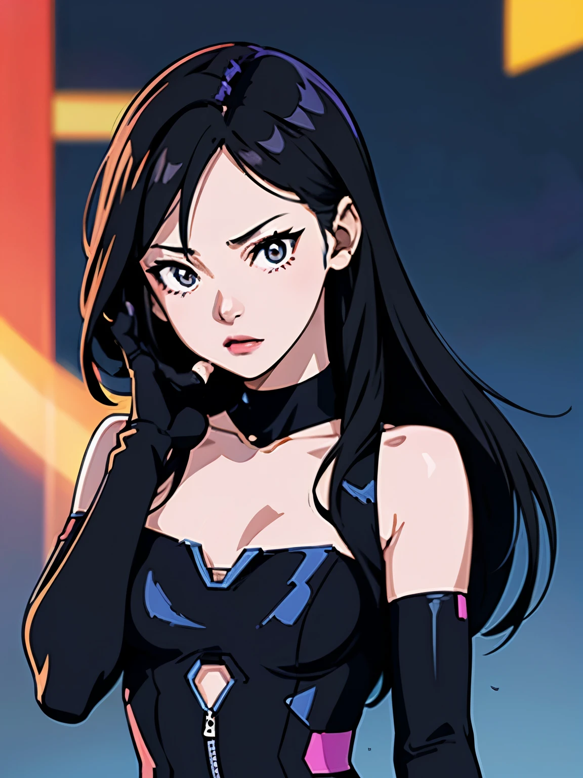 digital art drawing, illustration of (girl, long dark black hair mid part, brown eyes, sexy facial expression, flat chest, light blue corsette, single arm black sleeve, cyberpunk background), anime drawing/art, bold linework, illustration, digital art, masterpiece, flat illustration, no shadows, 8k resolution, high detail, vector art, only anime, perfect eyes, perfect hands, perfect fingers, sharpness, high clarity, medium close up, high fidelity