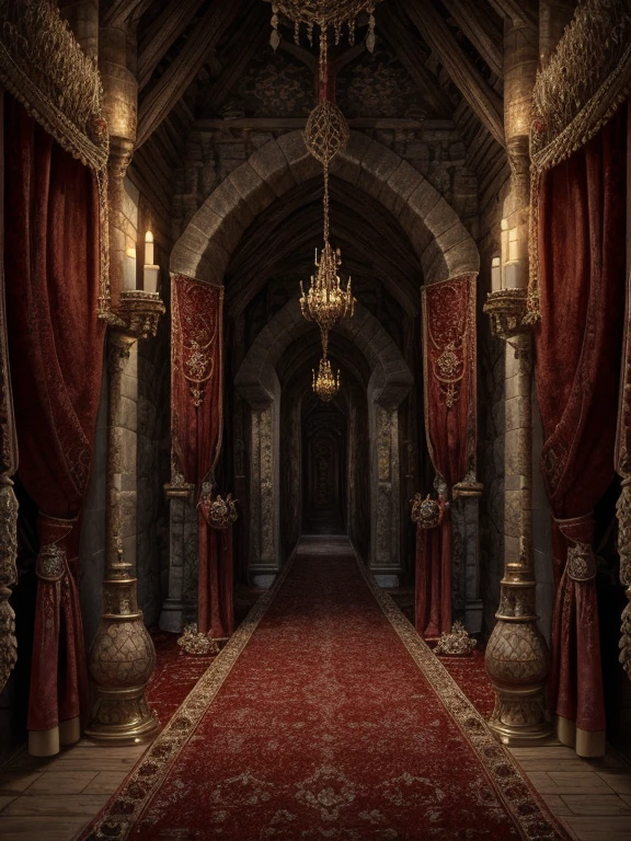 Endless castle corridor（unlimited，Detailed background:1.2),High Detail,Low-key decoration，Red carpet，Burning candles。