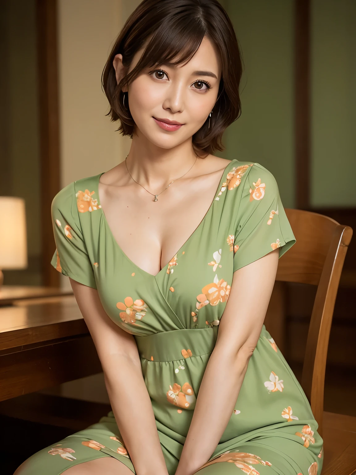 highest quality, masterpiece, High resolution, Photorealistic, RAW Photos, 8k wallpaper, perfection, Professional Lighting, Very detailed, ((One beautiful woman)), 40 years old, Sexy Woman, ((Gorgeous green and orange printed dress)), Cleavage, Upper Body, ((View your viewers)), Detailed face, Beautiful Eyes, ((Look forward)), In the stylish dining room, sunny, bangs, Shapely breasts, Short Bob Hair, Plump and glossy lips, Cowboy Shot, ((Place your arms between your legs))
