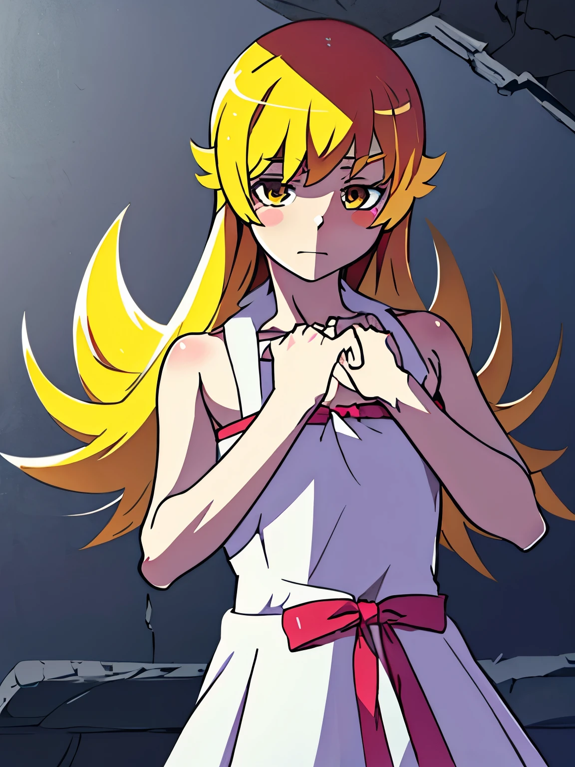 NSFW,oshino_shinobu,blush sticker,Blonde,Long Hair,High quality white dress,ruins,(Perfect hands),(Perfect Anatomy),(masterpiece),(highest quality)