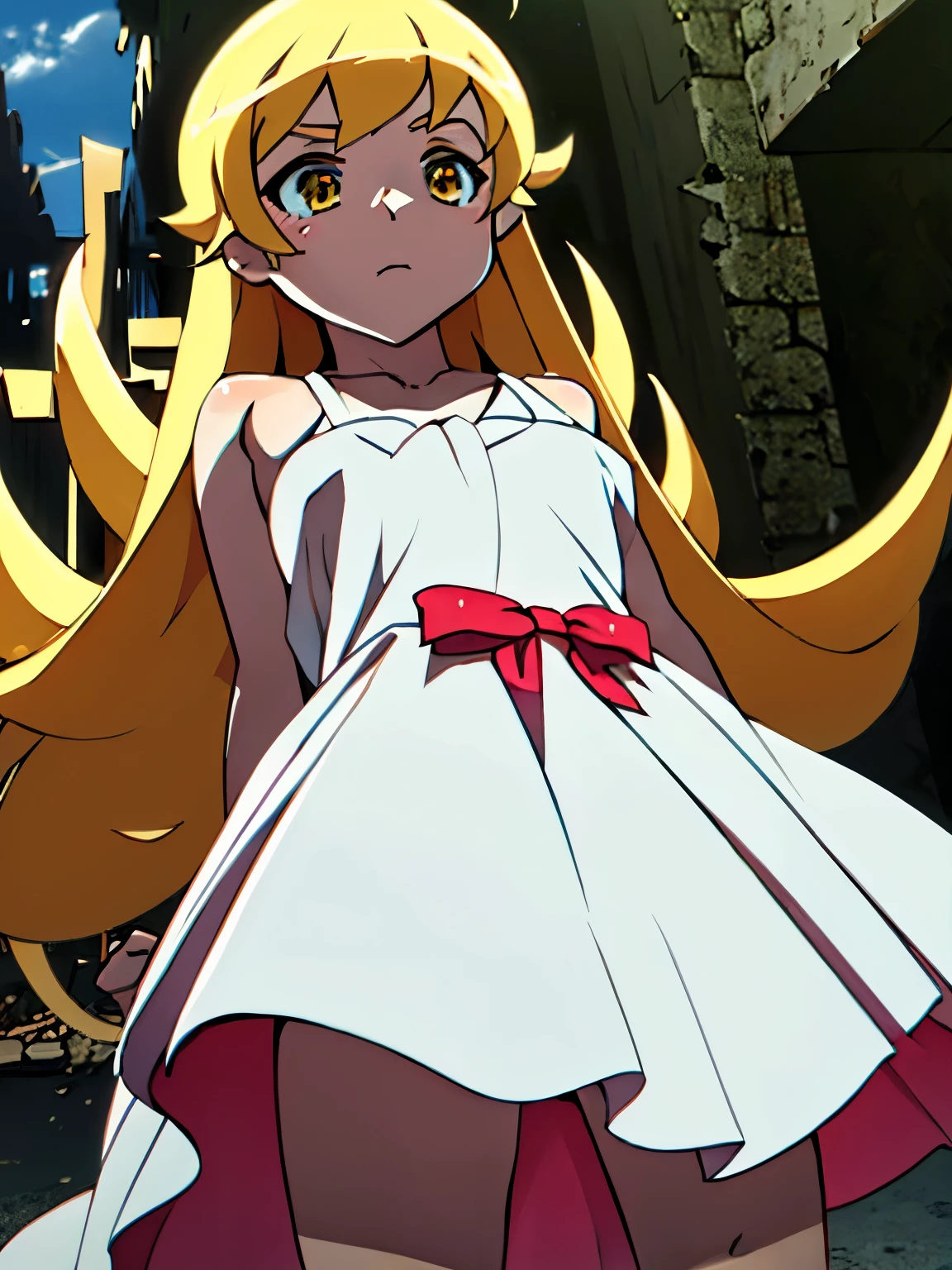 NSFW,oshino_shinobu,blush sticker,Blonde,Long Hair,High quality white dress,ruins,(Perfect hands),(Perfect Anatomy),(masterpiece),(highest quality)