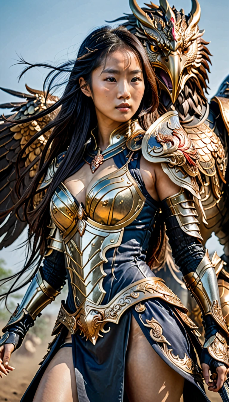 a beautiful Asian woman. long tied hair, wearing phoenix armor, every detail detailed, attacking pose, brave, accompanied by a giant golem, on the battlefield, highly detailed, ornate detail, dramatic, SHD, 32K