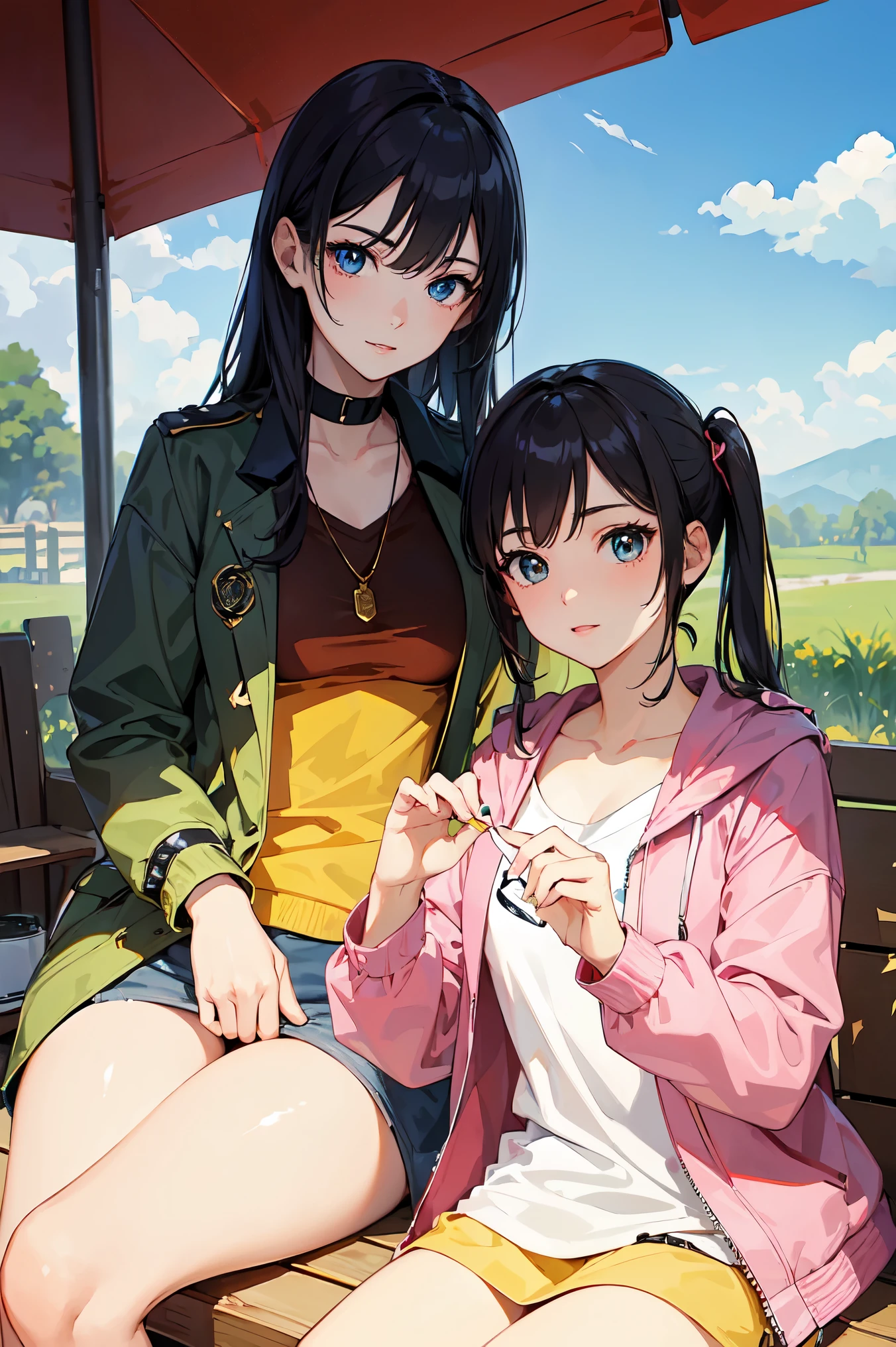 (masterpiece), (highest quality), ((Very exquisite beautiful face and eyes)), Bright colors, Anime Style, 2. Young women, Dynamic Angle, Have a barbecue at the campsite, Jacket, Loose trousers, tent, What is, sun, Warm Light,