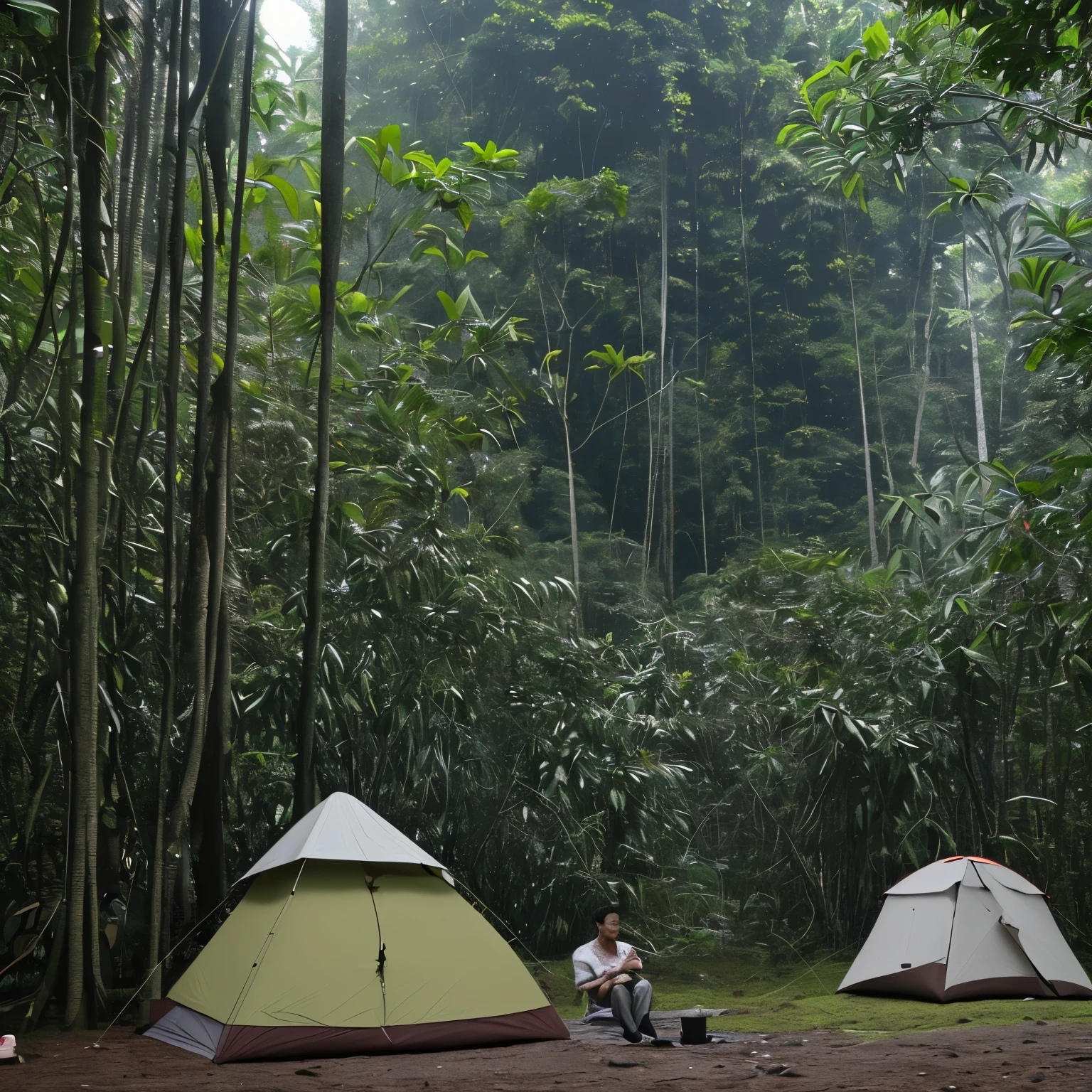 Indonesian man, 36 yo, short hair, dark brown skin tones, camping at jungle mountain