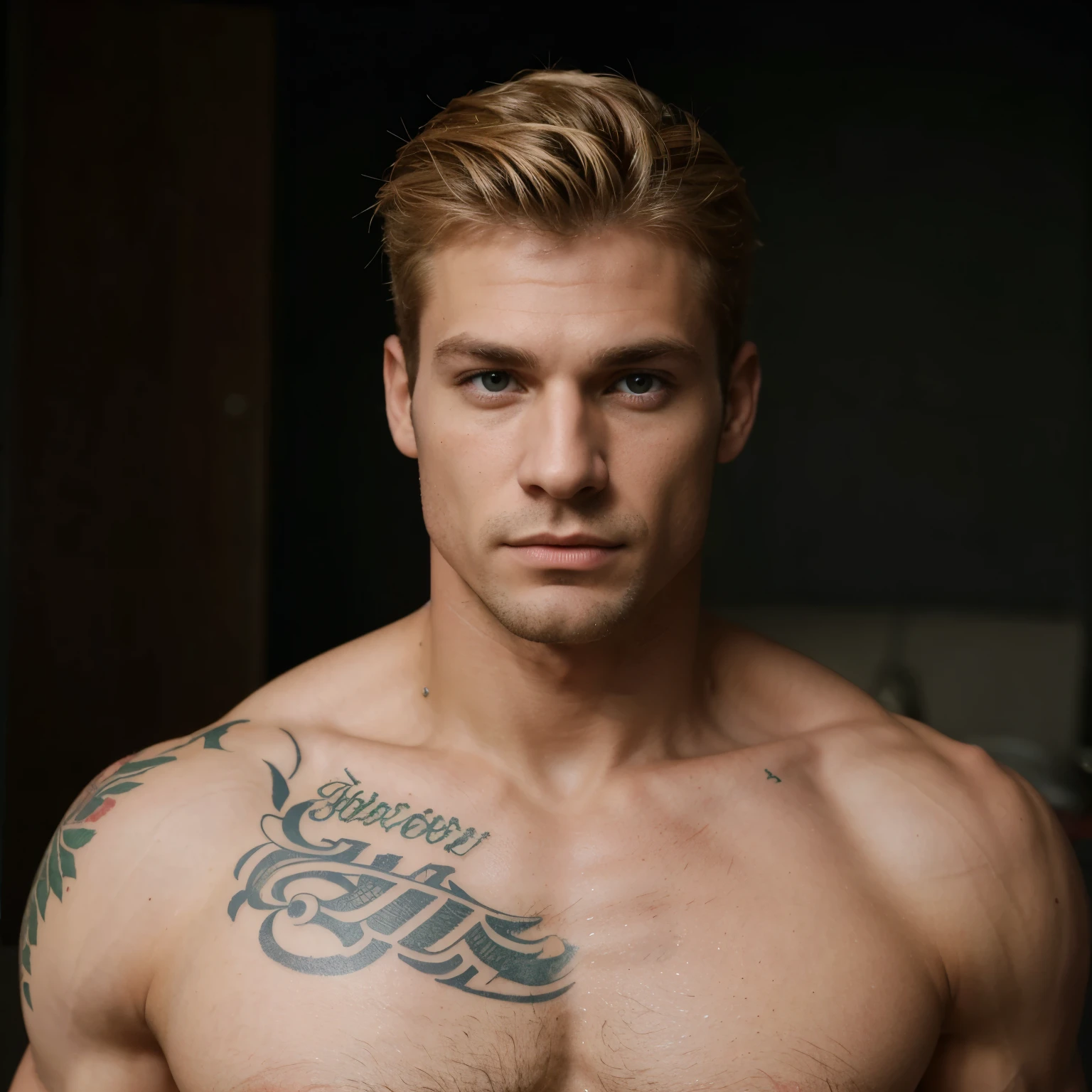 photographie ultra réaliste, 4k ,Bel homme aux cheveux blonds, Latin America, 28 ans, grandiose, muscle, Yeux verts, gai sexy, very crooked nose, grosse bouche, tatouage ange gorge