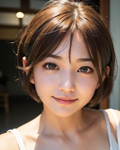 highest quality, Soft Light, (Depth of written boundary) ,Ultra-high resolution, (Realistic:1.4), RAW Photos, (Portraiture:1.4) ,Japanese girl, alone, cute, (shy, smile:1.1), (Brown eyes), Beautiful face in every detail, (short_hair),whole body,Sitting on a chair