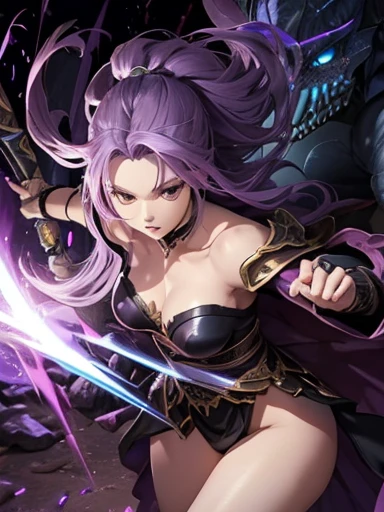 highest quality、Woman with long light purple hair、2Fighting a big black beaked monster、Clear Eyes、Small breasts、White off-shoulder armor、Beautiful exposed thighs、Fighting Pose、Big black monster with beak catches a woman'feet、Big black monster with beak catches a woman'poor、Dark night swamp、Different world、Dark fantasy
