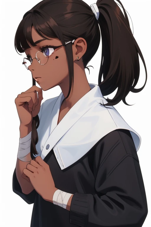 Medium height girl, dark skin with tan. brunette with bob, The back of the hair is pulled back into two ponytails, two hairpins in the shape of a black star are attached to the bangs, bangs frayed. The right side of the face is completely covered with a dark-colored birthmark, On the left, on the contrary, the birthmark is white. Both eyes are white, only the left eye has a black pupil, the right one is completely white. Earrings in the form of a Christian cross, white. The girl also has computer glasses, так же white. Wearing a long sleeved top with a black collar. Below are shorts with gray-black tights and brown slippers. Frayed long bandages tied on hands.