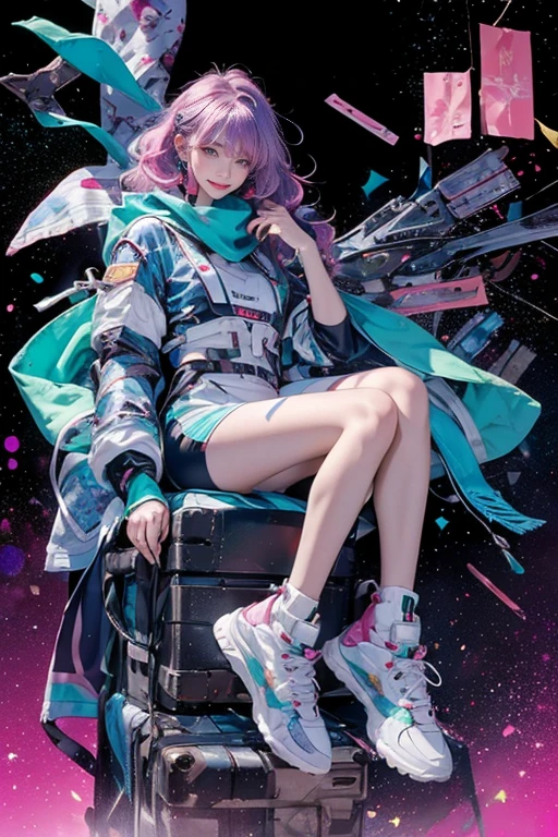 highest quality, Very detailed, masterpiece, 1 person,woman,(((完璧なwomanの体))),Very beautiful face, Very beautiful body,Gentle expression, Very beautiful eyes,(Perfect Makeup:1.1),Fashion Model,Cyberpunk Fashion,Curly Hair,Shaggy Hair,Fluorescent pink and blue hair:1.3, Very thin body,Smart Abs, (((Various patterns,Gradation,Spacesuit))),Two-tone high-top sneakers,A kind smile,Full body portrait,(Cyber City Background), (Shiny skin),(Earrings),Seesul,Long scarf,long shawl,