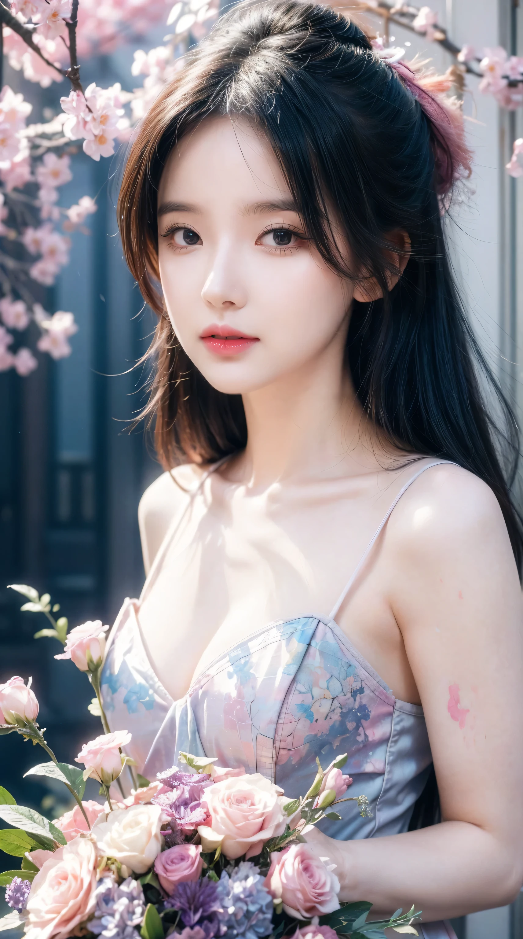 1 Girl,flower, Platycodon ,Light pink and light blue style, Dreamy and romantic composition, light pink, ethereal foliage, Interesting arrangement,fantasy, High contrast, Brushstrokes, explode, Overexposure, Impression of purple with red tones , Abstract, ((John Burkey (John Berkey) and Jeremy Mann (Jeremy Mann) Watercolor )) Brushstrokes, Negative Space,