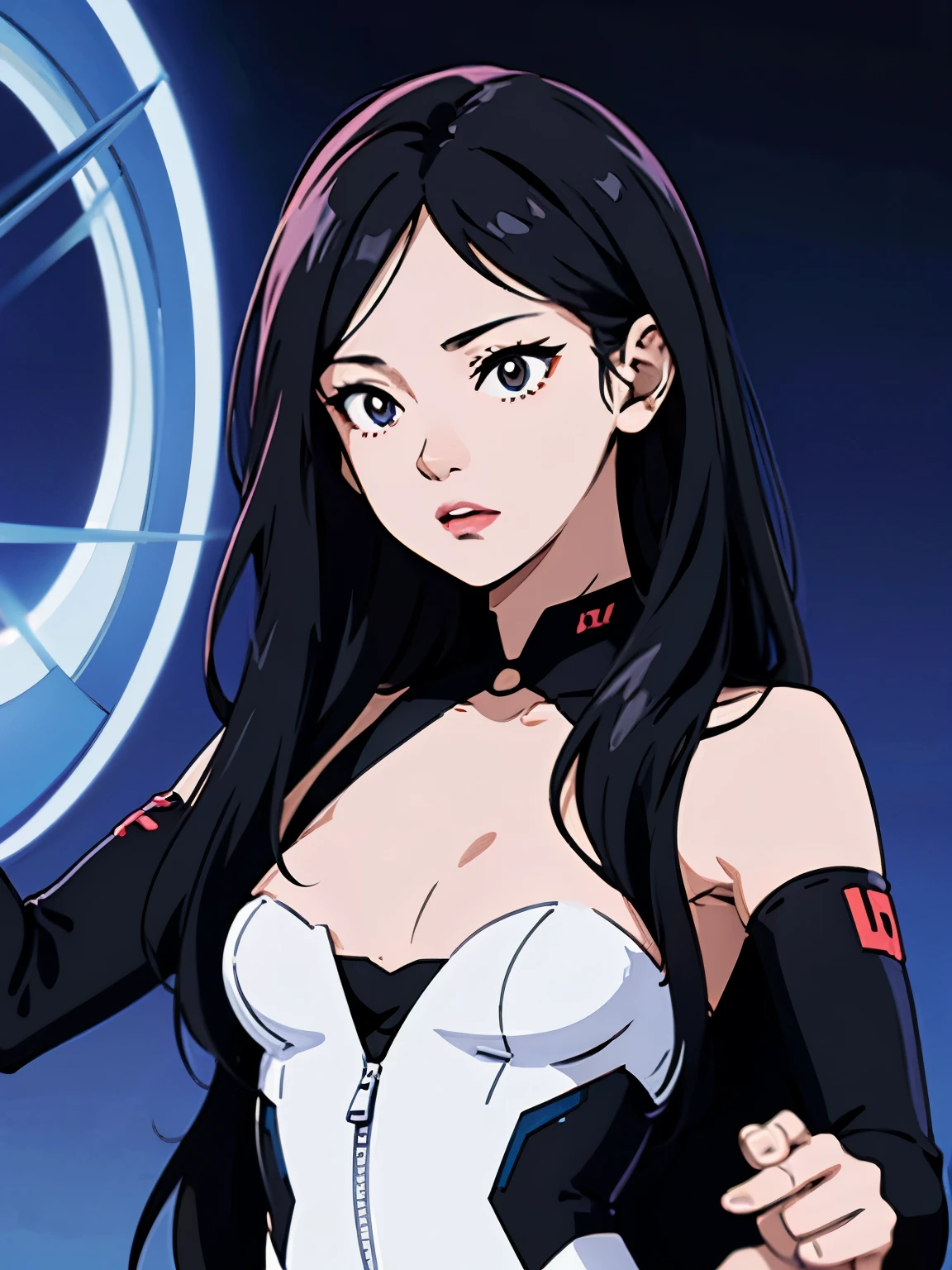 digital art drawing, illustration of (girl, long dark black hair mid part, brown eyes, sexy facial expression, flat chest, light blue corsette, single arm black sleeve, cyberpunk background), anime drawing/art, bold linework, illustration, digital art, masterpiece, flat illustration, no shadows, 8k resolution, high detail, vector art, only anime, perfect eyes, perfect hands, perfect fingers, sharpness, high clarity, medium close up, high fidelity