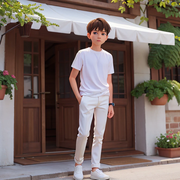 A teenage boy wearing a white t-shirt, cream pants, white shoes,