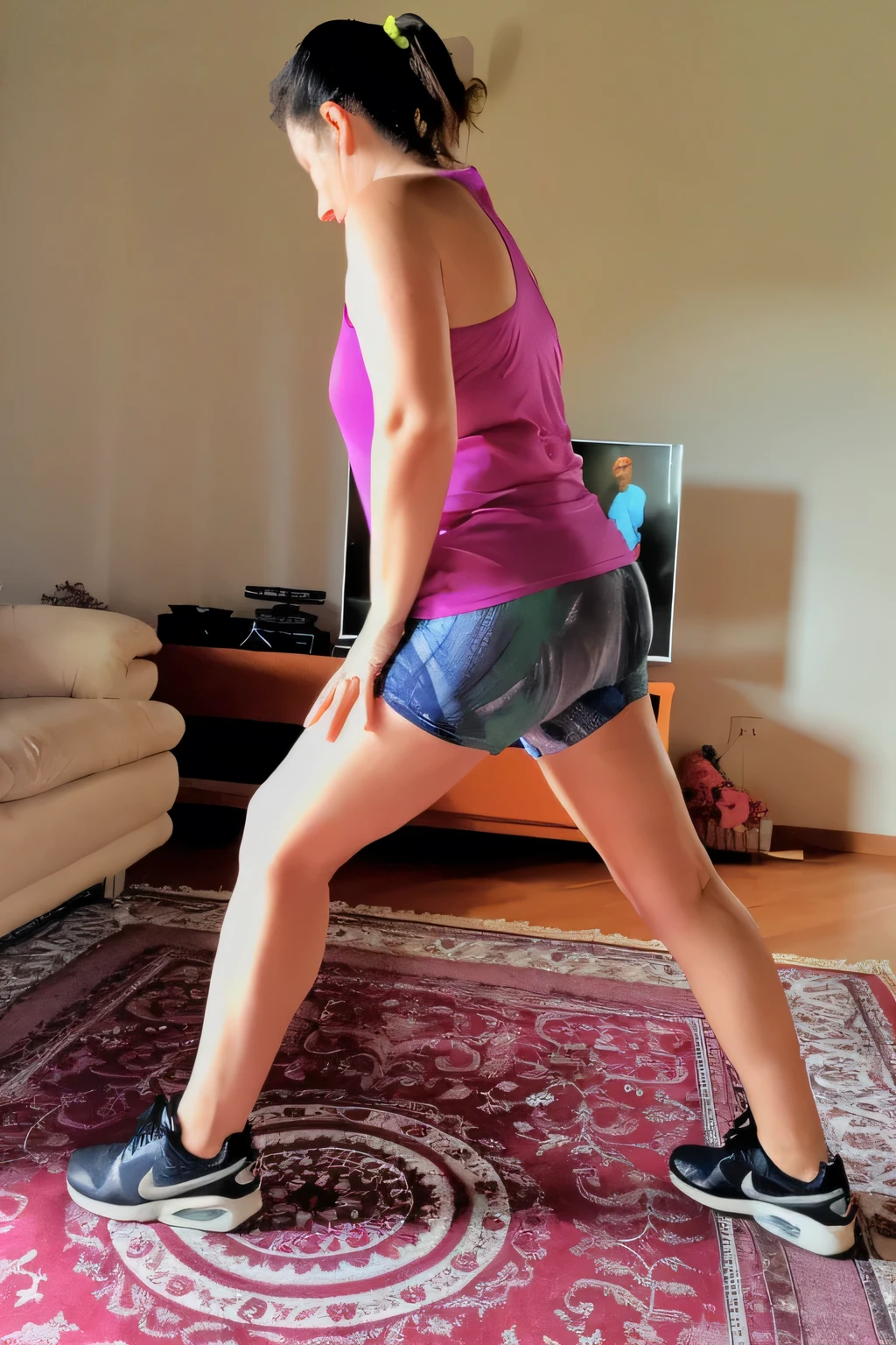 arafed woman in a pink tank top and blue shorts is standing on a skateboard, side view of her taking steps, toned legs, workout, fit pic, leg and hip shot, side pose, long shot from back, pointed pose, working out, standing athletic pose, back arched, in shorts, from back, side portrait, wearing fitness gear