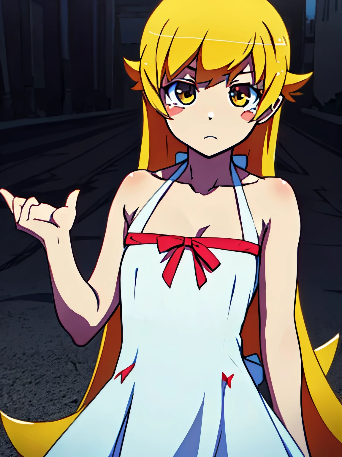 NSFW,oshino_shinobu,blush sticker,Blonde,Long Hair,High quality white dress,ruins,(Perfect hands),(Perfect Anatomy),(masterpiece),(highest quality)