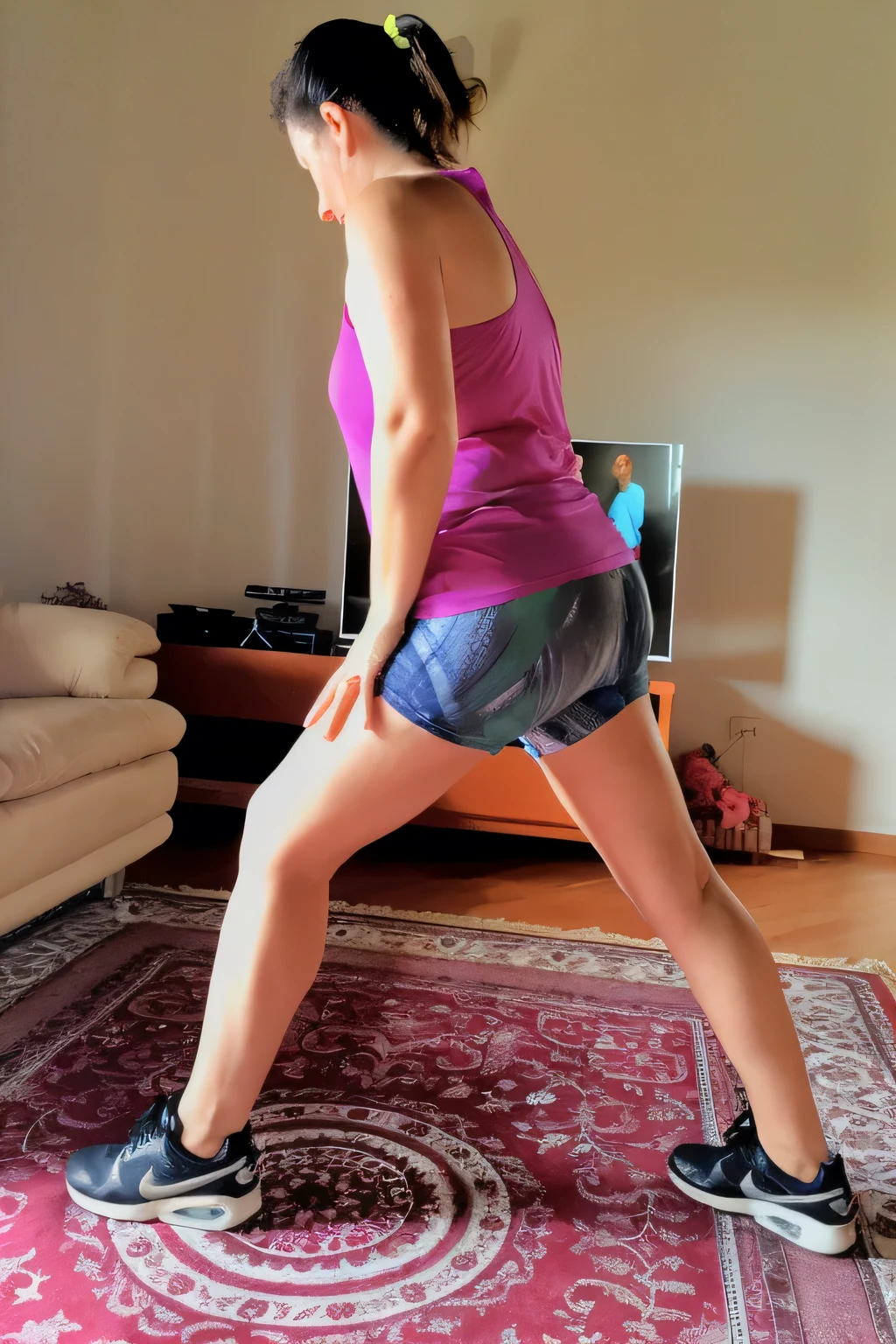 arafed woman in a pink tank top and blue shorts is standing on a skateboard, side view of her taking steps, toned legs, workout, fit pic, leg and hip shot, side pose, long shot from back, pointed pose, working out, standing athletic pose, back arched, in shorts, from back, side portrait, wearing fitness gear